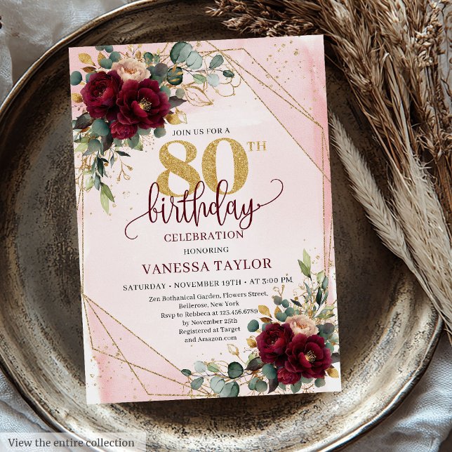Invitation Chic Boho Deep Red Gold Flowers 80e anniversaire (Chic Boho Deep Red Gold Flowers 80th Birthday Invitation)