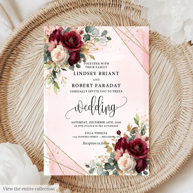 Invitation Chic Boho Deep Red Gold White Flowers Mariage (Chic Boho Deep Red Gold White Flowers Wedding Invitation)