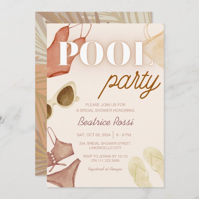 Invitation Chic Boho Fête des mariées Beige Pool Party (Devant / Derrière)