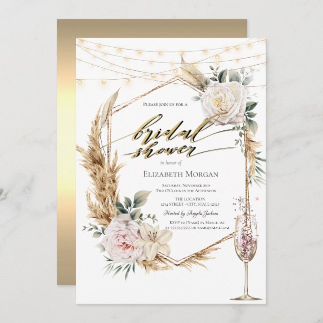 Invitation Chic Boho Fleurs Rose Fête des mariées or (Devant / Derrière)