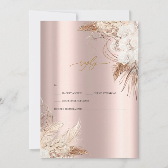 Invitation Chic Boho Fleurs Rose Gold Wedding RSVP (Devant)