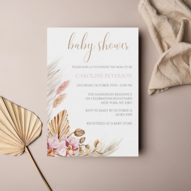 Invitation Chic Boho Floral Pampas Baby shower en herbe (Créateur téléchargé)