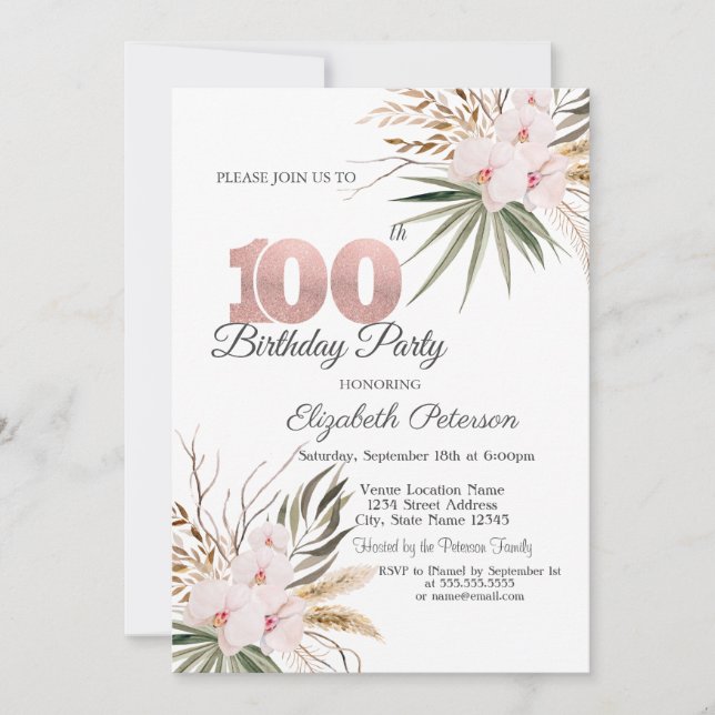 Invitation Chic Boho Flowers 100th Birthday (Devant)