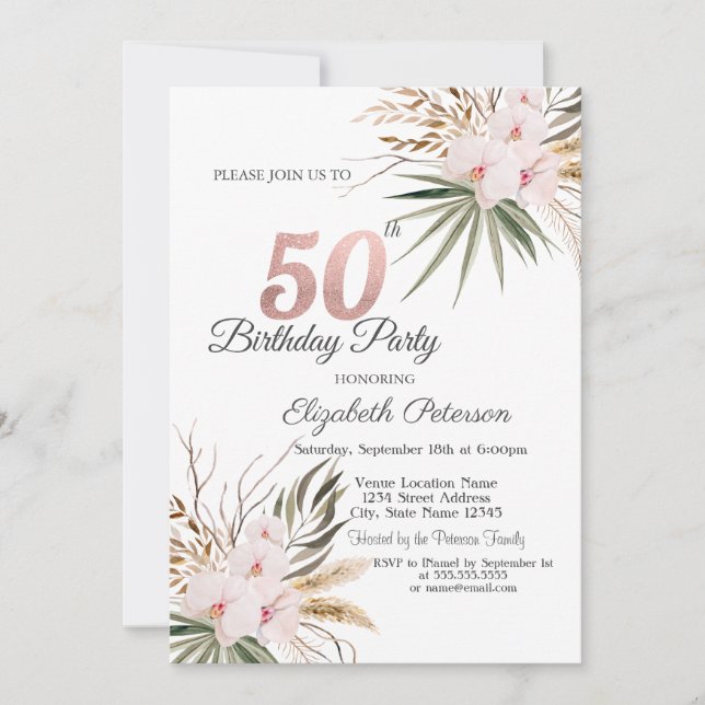 Invitation Chic Boho Flowers 50th Birthday (Devant)