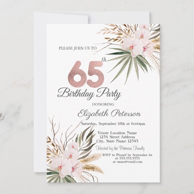 Invitation Chic Boho Flowers 65th Birthday (Devant)