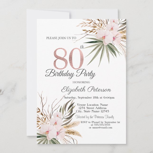 Invitation Chic Boho Flowers 80th Birthday (Devant)