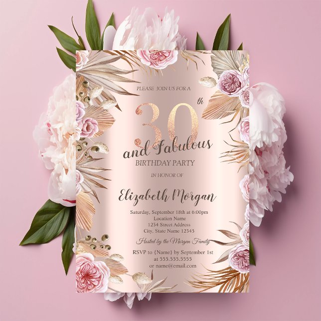 Invitation Chic Boho Flowers Rose Gold 30e anniversaire (Créateur téléchargé)