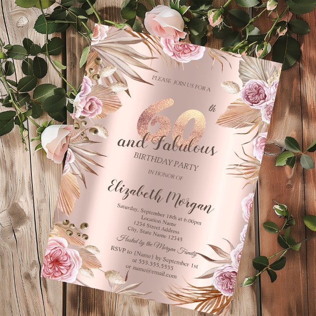 Invitation Chic Boho Flowers Rose Gold 60e anniversaire (Créateur téléchargé)
