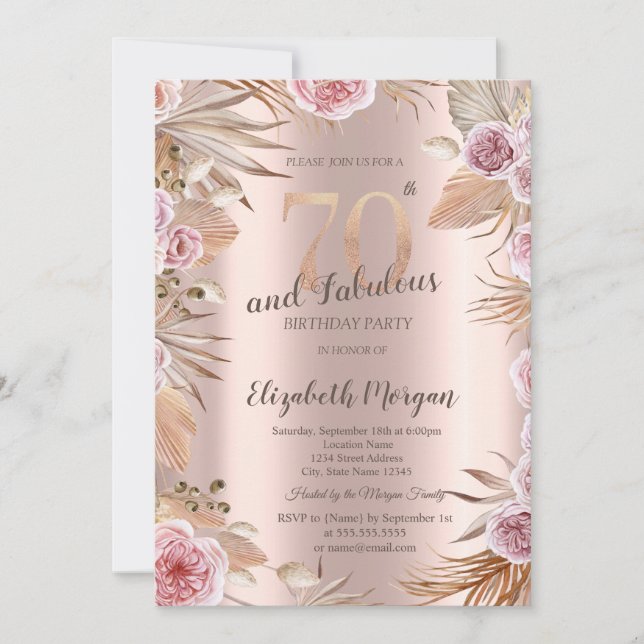 Invitation Chic Boho Flowers Rose Gold 70e anniversaire (Devant)