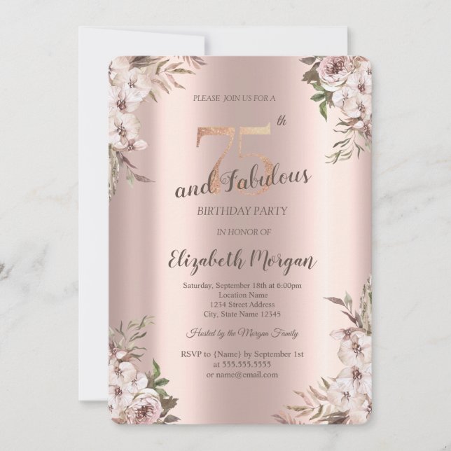 Invitation Chic Boho Flowers Rose Gold 75e anniversaire (Devant)