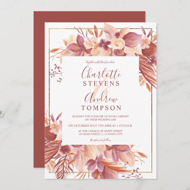 Invitation Chic boho mariage d'aquarelle fleurie en terre cui (Devant / Derrière)