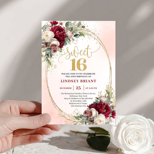 Invitation Chic boho marsala gold floral sweet sixteen party  (Chic boho marsala gold floral sweet sixteen party invite

)