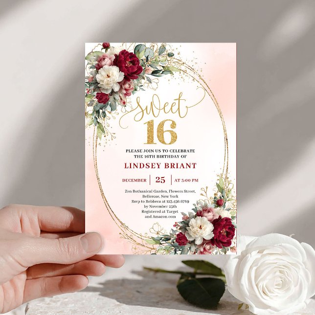 Invitation Chic Boho Marsala Or Fleurie pour une S (Chic Boho Marsala Gold Floral Sweet Sixteen Invite)