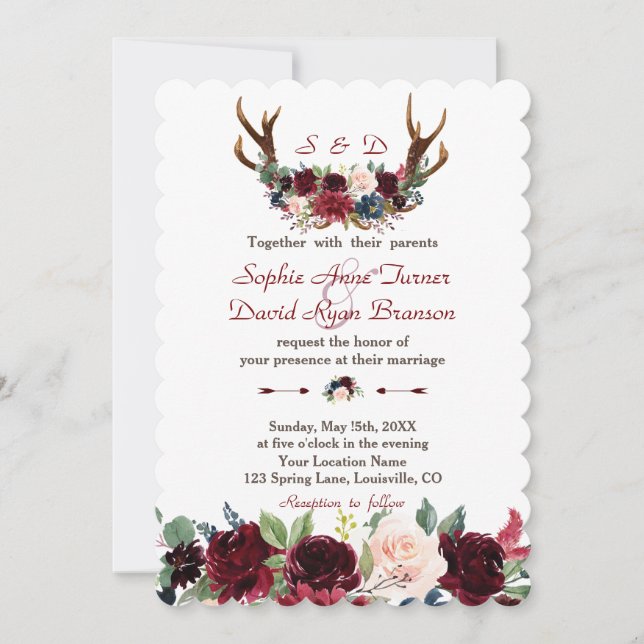 Invitation Chic Boho Merlot Marine Blue Floral Antlers Mariag (Devant)