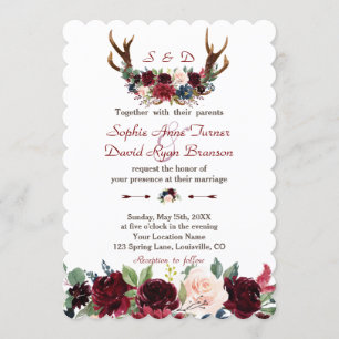Invitation Chic Boho Merlot Marine Blue Floral Antlers Mariag