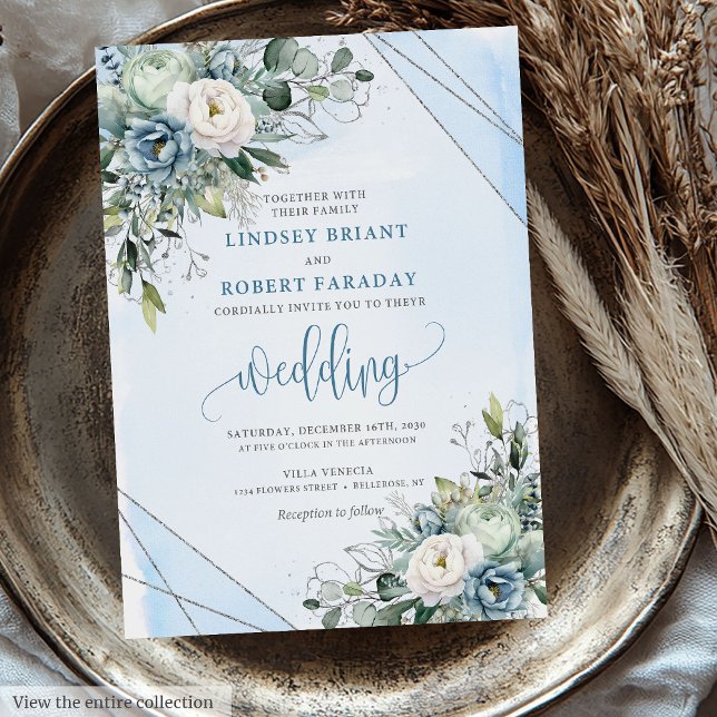 Invitation Chic Boho Pastel Blue Silver Flowers Mariage (Chic Boho Pastel Blue Silver Flowers Wedding Invitation)