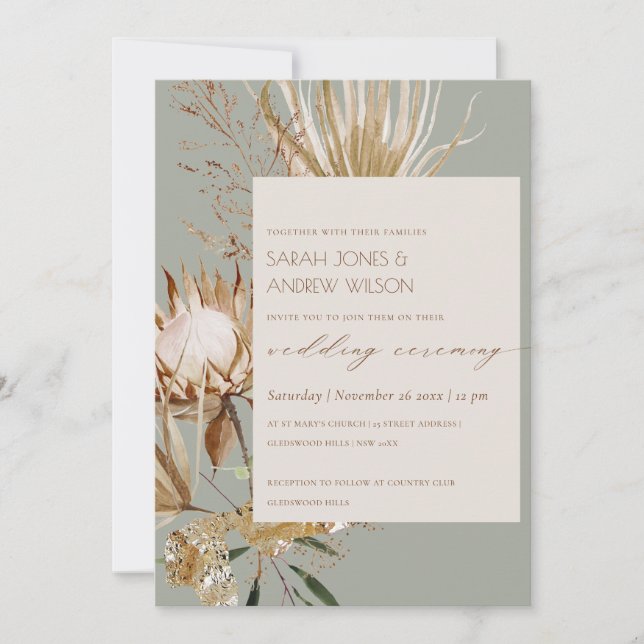 Invitation Chic Boho Protea Sec Palm Floral Mariag (Devant)