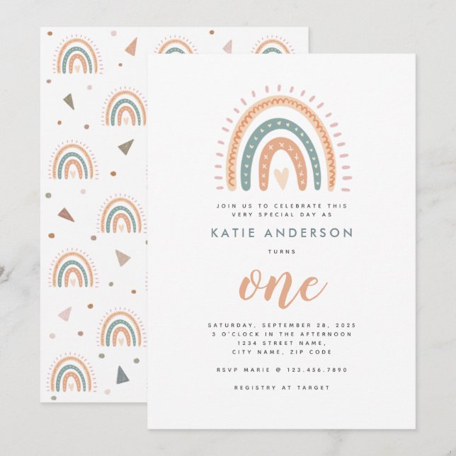 Invitation Chic Boho Rainbow Pastel Premier Anniversaire (Devant / Derrière)