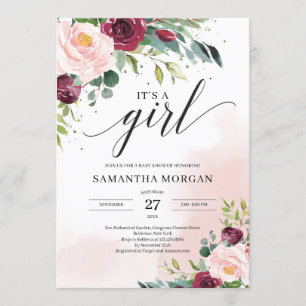 Invitation Chic Boho rose bordeaux floral c'est une fille
