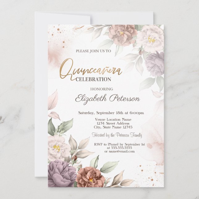 Invitation Chic Boho Roses Fleurs Quinceañera (Devant)
