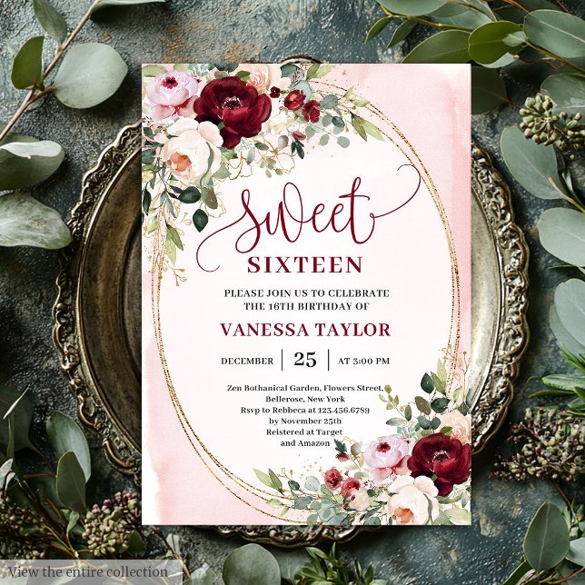 Invitation Chic Boho Rouge Bourgeon Rose Burgundy  (Chic Blush Burgundy Rose Sweet 16 Invitation)