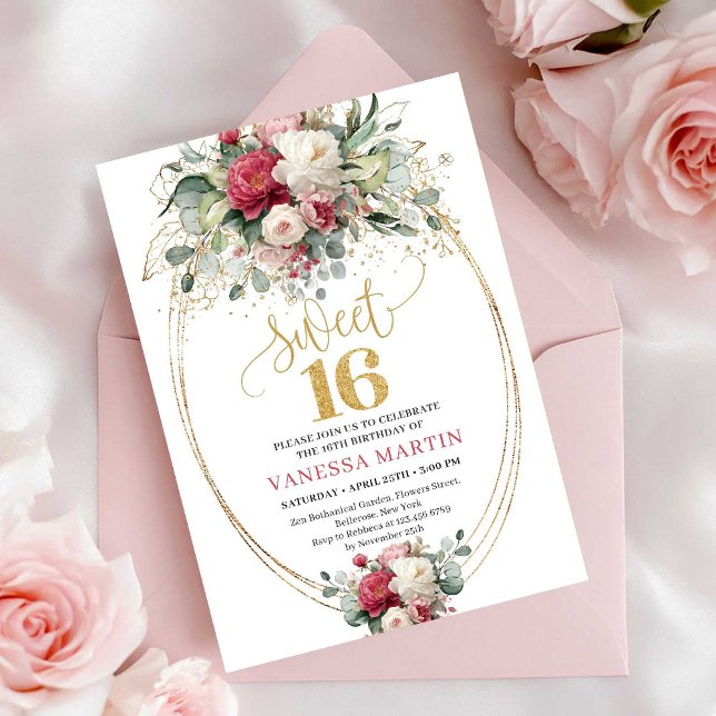 Invitation Chic Boho Rouge Bourgogne Verdure Douzième Anniver (Chic Red Burgundy Greenery Sweet 16 Birthday Invitation)