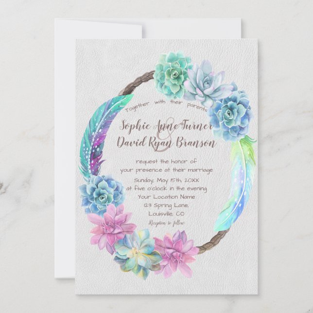 Invitation Chic Boho Succulent Cactus Feaths Mariage Wreath (Devant)