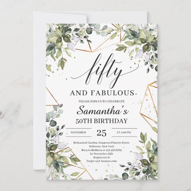 Invitation Chic Boho verdure feuillage or cinquante et fabule (Devant)