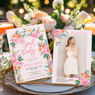 Invitation Chic Boho Watercolor Floral Photo Graduation Party