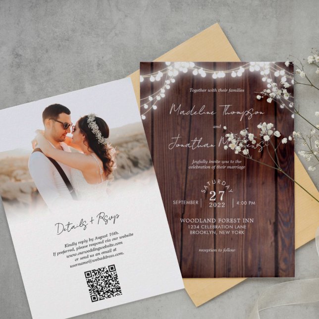 Invitation Chic Bois Chaîne Lumières Mariage de photos QR Cod (Créateur téléchargé)