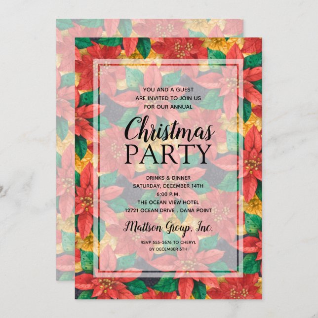 Invitation Chic Bold Poinsettias Noël Party (Devant / Derrière)