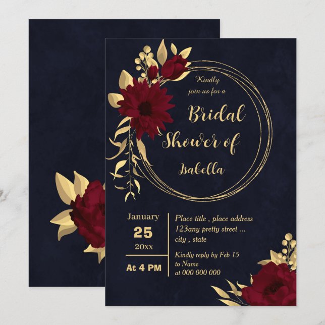 Invitation Chic bordeaux et or marine nuptiale douche (Devant / Derrière)