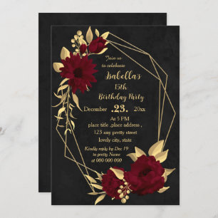 Invitation Chic bordeaux et or noir fête d'anniversaire