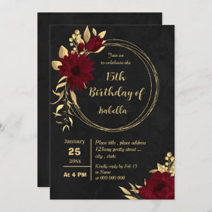 Invitation Chic bordeaux et or noir fête d'anniversaire
