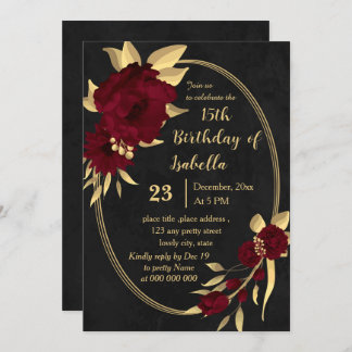 Invitation Chic bordeaux et or noir fête d'anniversaire