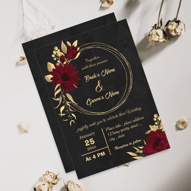 Invitation Chic bordeaux et or noir mariage (Créateur téléchargé)