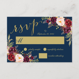 Invitation Chic Bordeaux Floral Bleu de Nuit Or Mariage RSVP