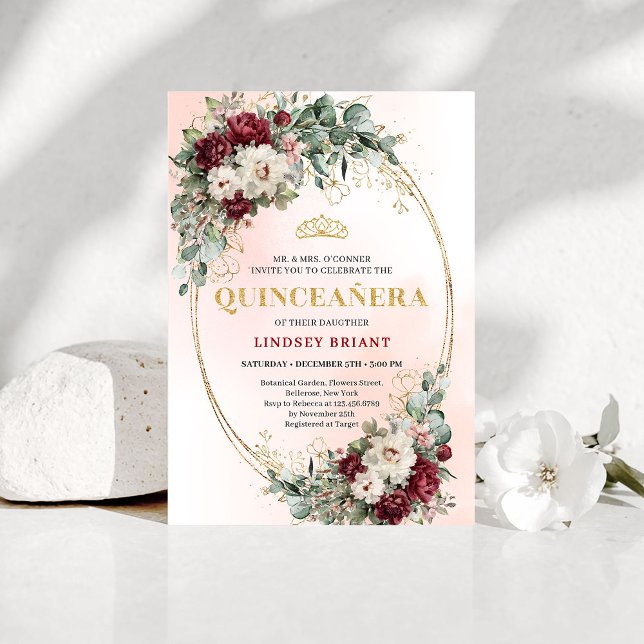 Invitation chic bordeaux pour les 15 ans avec pivo (Chic Maroon Peony Eucalyptus 15th Birthday Invite

)
