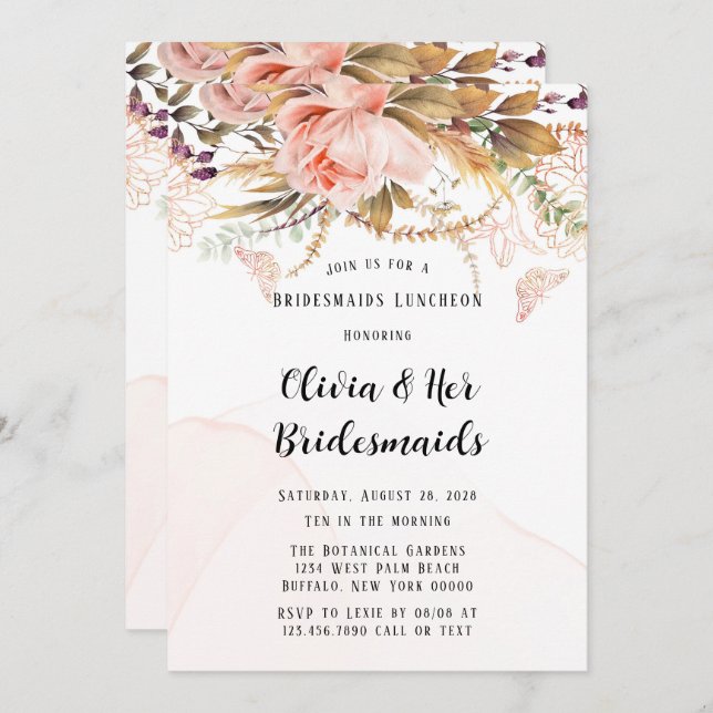 Invitation Chic Botanical Peony Butterfly Bridesmaids Déjeune (Devant / Derrière)