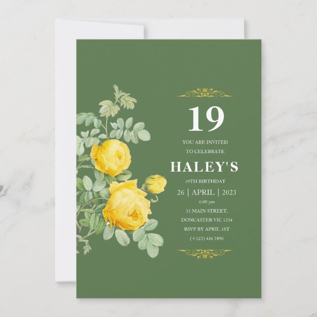 Invitation Chic Botanique Fleurs Jaunes et Vertes 19e Anniver (Devant)