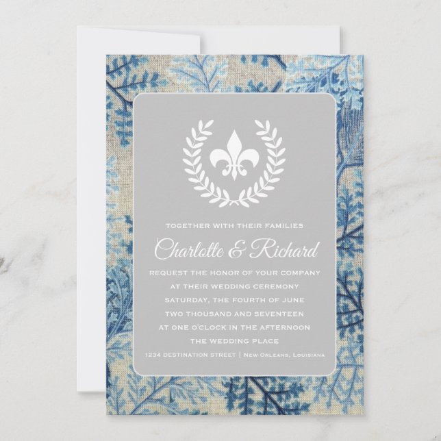 Invitation Chic Botanique & Navy Floral Français Fleur De Lis (Devant)