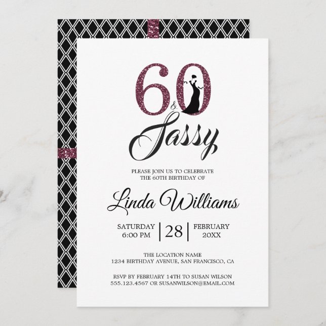 Invitation Chic Bourgogne 60 et Sassy | 60e fête d'anniversai (Devant / Derrière)