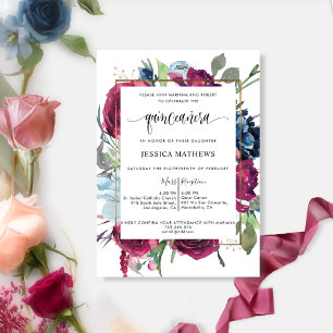 Invitation Chic Bourgogne, Berry Rouge Bleu Floral Quinceañer