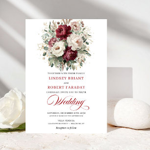 Invitation Chic Bourgogne Blanc Floral Eucalyptus Or Mariage