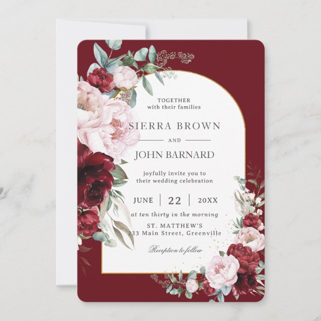 Invitation Chic Bourgogne Blush Peonies Floral Arch Mariage (Devant)