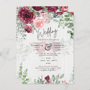 Invitation Chic Bourgogne Blush Rose Floral Mariage