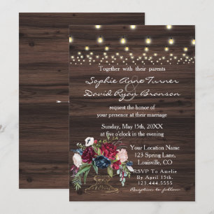 Invitation Chic Bourgogne Fleurs Bleues Vieux Mariage de gran