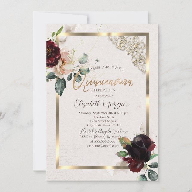 Invitation Chic Bourgogne Fleurs Or Cadre Quinceañera (Devant)