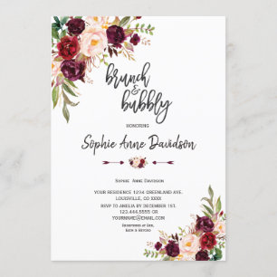 Invitation Chic Bourgogne Floral écriture Brunch et Bubbly