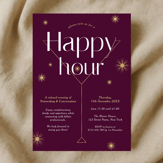 Invitation Chic Bourgogne & Gold Company Networking Happy Hou (Modern burgundy and gold company cocktail party happy hour event invitation)